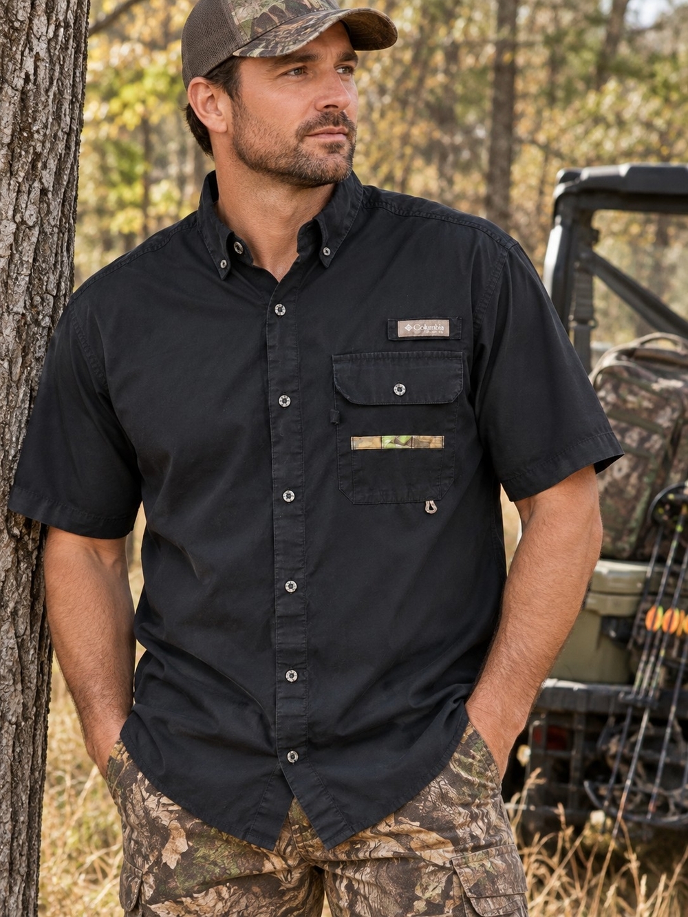 Columbia PHG Sharptail Short Sleeve Hunting Shirt Black Camo Vented - Men's M